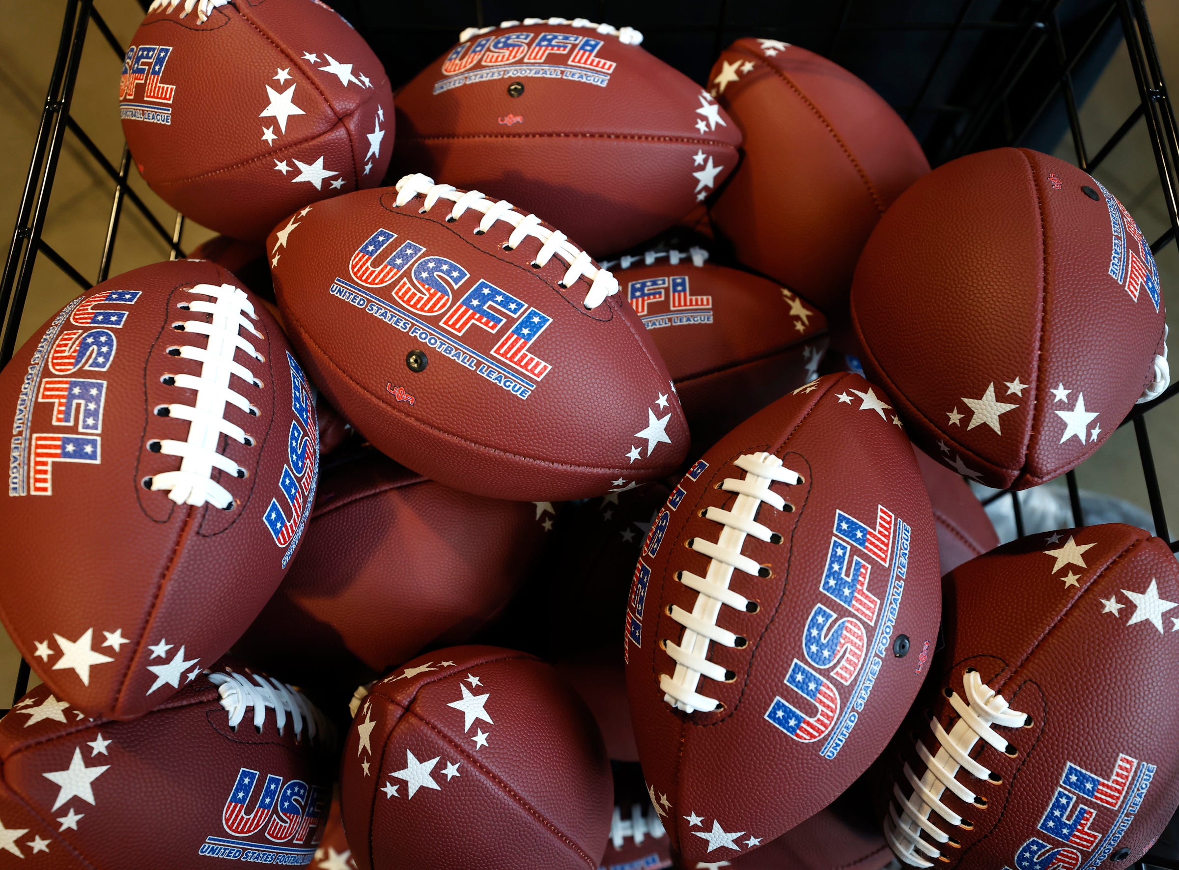 Small USFL footballs in a basket for invited guests to take after it was announced that the USFL Michigan Panthers would return back to the state playing in Detroit at Ford Field starting on April 30th during a press conference at stadium in Detroit on Thursday, Jan. 26, 2023.

Usfldetroit 012623 Es01